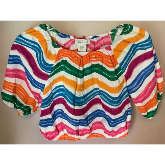 Rachel Zoe Crop Top Balloon Sleeve Multicolor Striped Off the Shoulder Womens XS - Picture 2 of 8